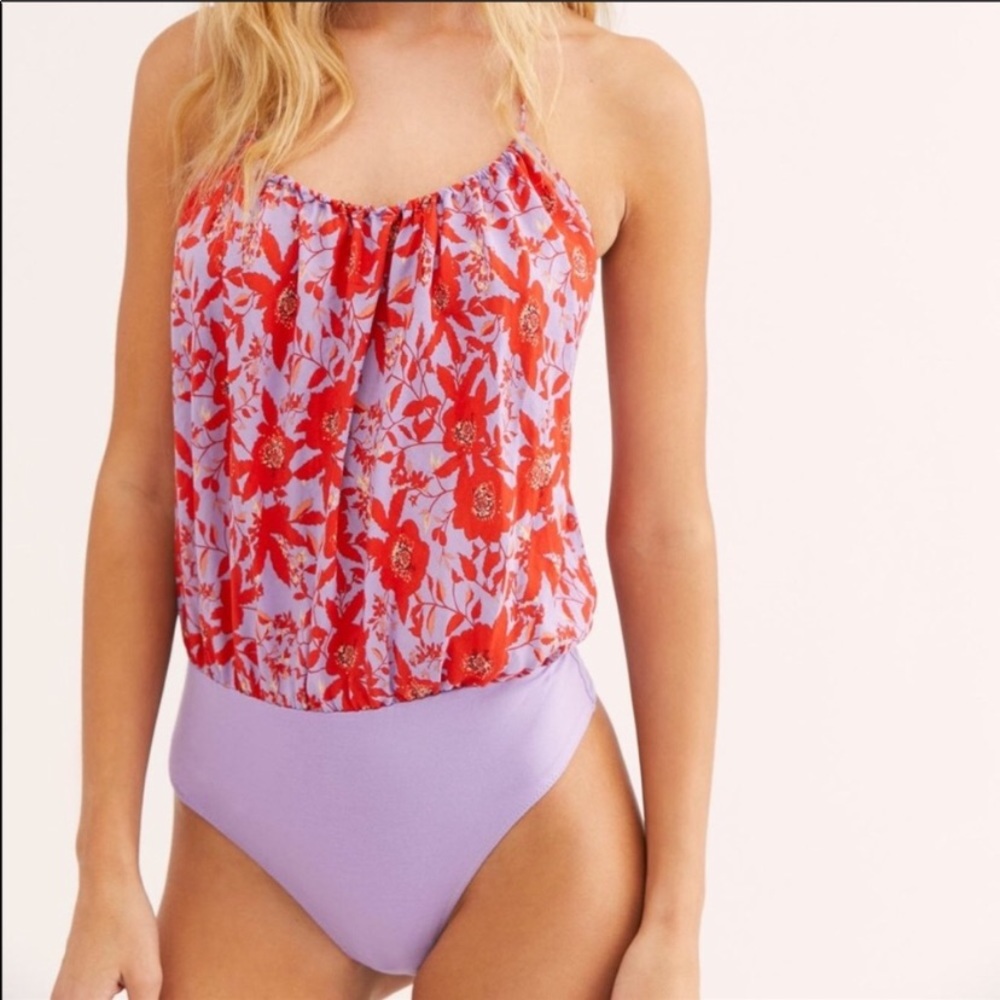 FREE PEOPLE INTIMATELY LIZA BODYSUIT GORGEOUS PRINT PURPLE THONG BOTTOM SIZE S